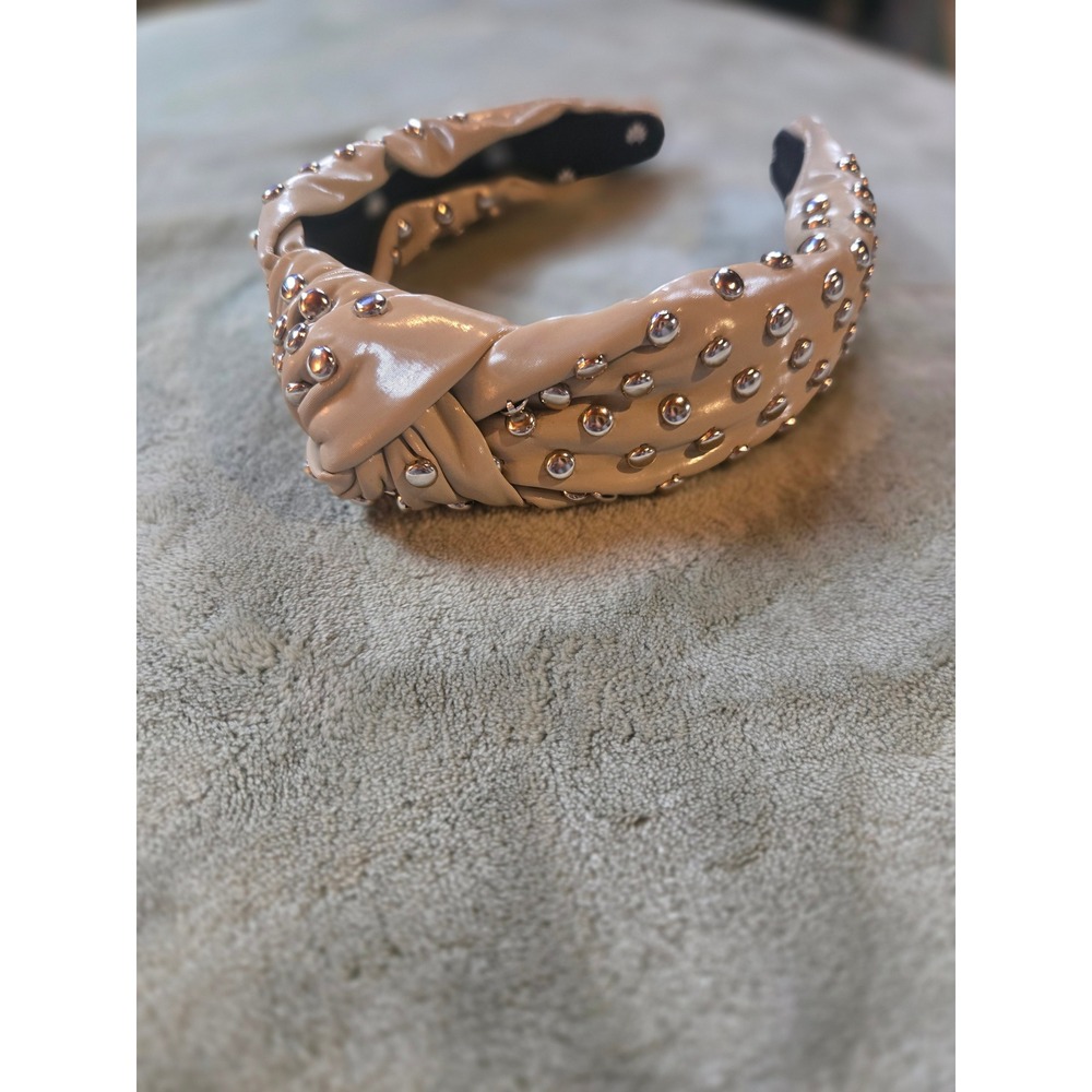 Lele Sadoughi Beige Faux Leather Knotted Headband Silver Studded Wide Hair Band
